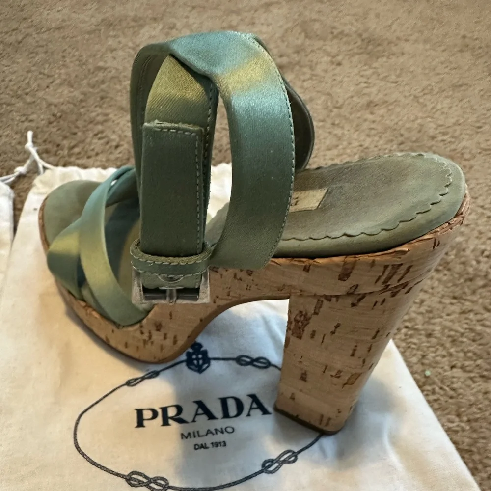 Prada Vintage 2004 Sage Satin Cork Platform Heels - Picture 2 of 5